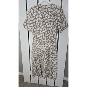 Vintage Orvis Tradwife Pleated Tan Floral Print‎ Button Collared Midi Dress L